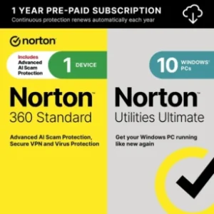360 Standard with Norton Utilities Ultimate (1 Device) Antivirus Internet Security Software + VPN (1 Year Subscription) – Android, Apple iOS, Mac OS, Windows [Digital]